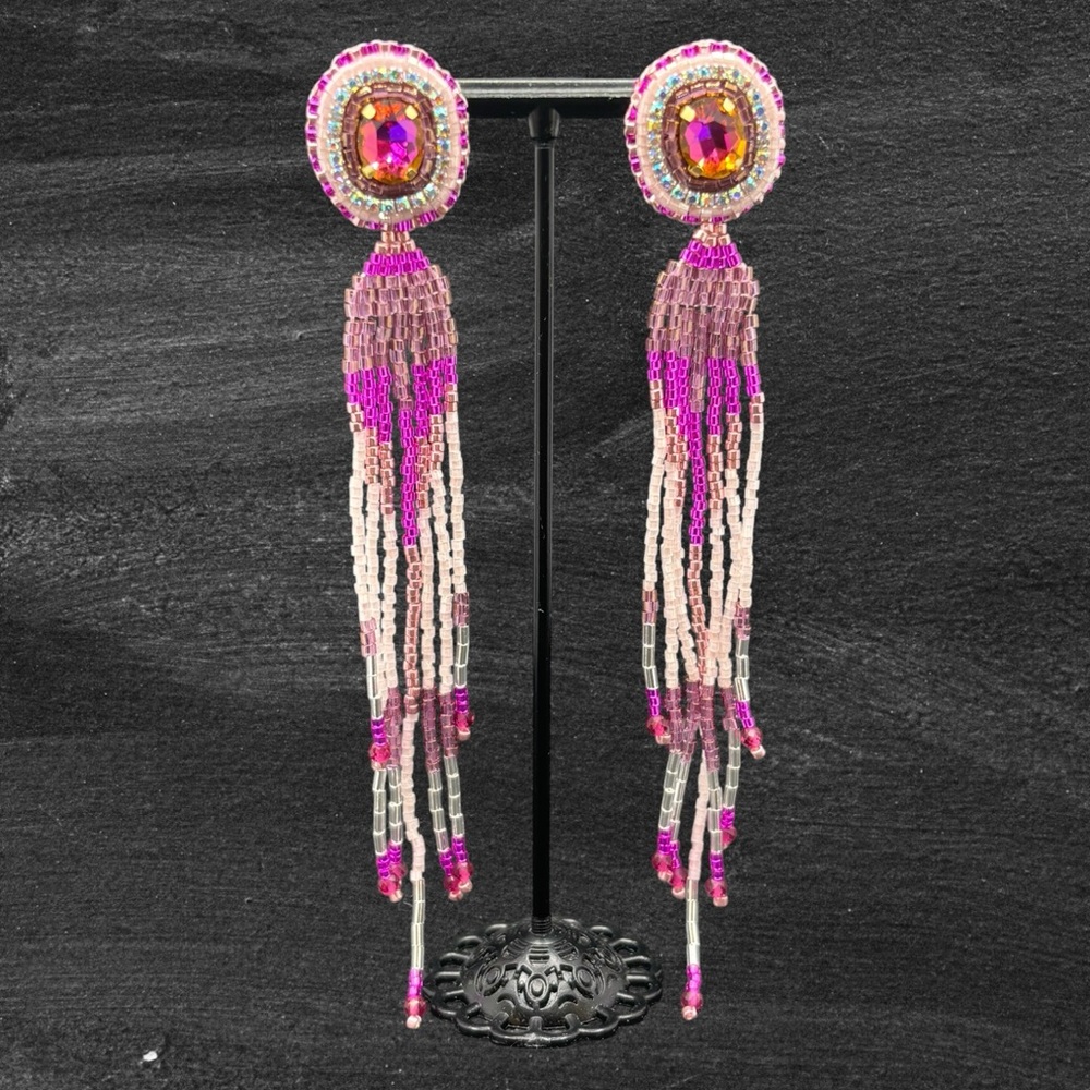 Handmade Pink Beaded Fringe Earrings with Rhinestones - One of a Kind